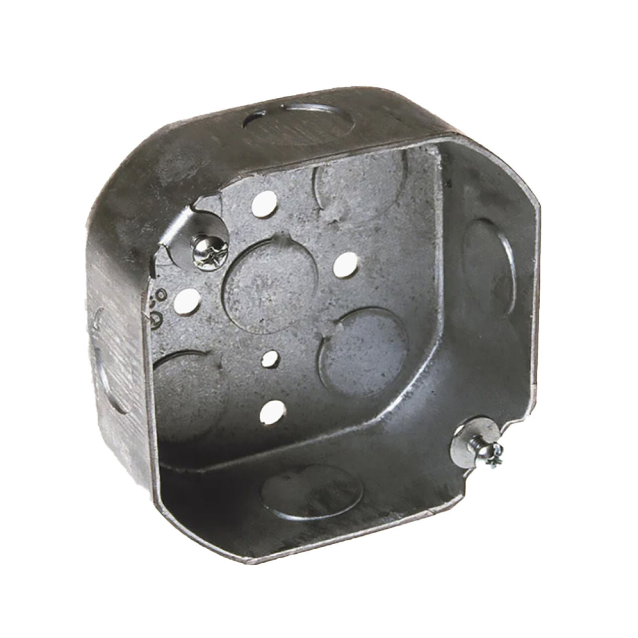 The Go Build 1-Gang New/Old Work Electrical Octagonal Box features multiple knockouts and two screws for housing wiring and outlets, making it ideal as a ceiling fixture box.